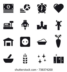 16 vector icon set : money, diagram, alarm clock, heart, cashbox, jet robot, castle, windmill, power socket, washing, mortar, spikelets, shining, clean  window