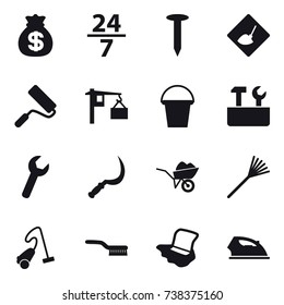 16 vector icon set : money bag, 24/7, nail, under construction, repair, bucket, repair tools, sickle, wheelbarrow, rake, vacuum cleaner, brush, floor washing, iron