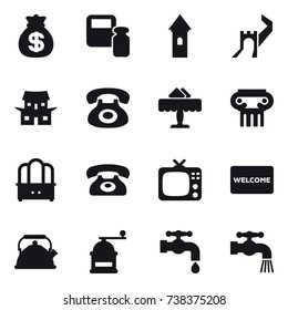 16 vector icon set : money bag, scales weight, tower, greate wall, japanese house, restaurant, antique column, dresser, phone, tv, welcome mat, kettle, hand mill, water tap