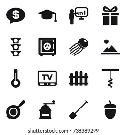 16 vector icon set : money message, graduate hat, presentation, gift, safe, jellyfish, landscape, thermometer, tv, fence, corkscrew, pan, hand mill, shovel, acorn