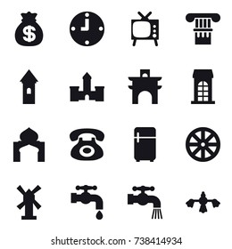 16 vector icon set : money bag, clock, tv, column, tower, castle, arch, building, minaret, fridge, wheel, windmill, water tap, hard reach place cleaning