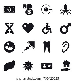 16 vector icon set : money, money gift, cell corection, virus, dna, heart, check in, housing