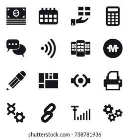 16 vector icon set : money, calendar, gift, calculator, discussion, wireless, server, crypto currency, pencil, gears