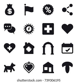 16 vector icon set : money bag, flag, percent, molecule, discussion, sun power, smart house, arch, dog, heart pendant, home