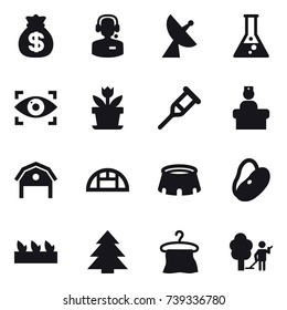 16 vector icon set : money bag, call center, satellite antenna, flask, eye identity, flower, barn, greenhouse, stadium, seedling, spruce, hanger, garden cleaning