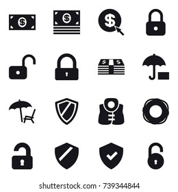 16 vector icon set : money, dollar arrow, lock, unlock, lounger, shield, life vest, lifebuoy, unlocked