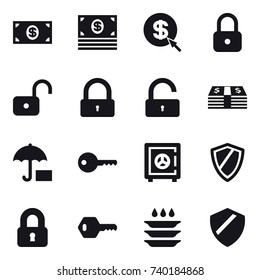 16 vector icon set : money, dollar arrow, lock, unlock, key, safe, shield, locked, plate washing