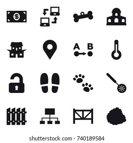16 vector icon set : money, notebook connect, bone, mansion, japanese house, thermometer, unlocked, slippers, pets, skimmer, fence, hierarchy, farm fence, pile of garbage