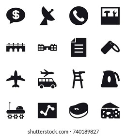 16 vector icon set : money message, satellite antenna, phone, tools, bridge, school, airplane, transfer, Chair for babies, kettle, cheese