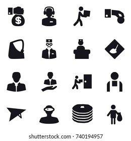 16 vector icon set : money gift, call center, courier, hand coin, under construction, delta plane, trash