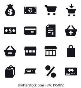 16 vector icon set : money bag, money, cart, add to cart, credit card, account balance, add to basket, remove from basket, market, shopping bag, sale, percent