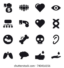 16 vector icon set : money gift, team, heart, eye, structure, hand coin, hand drop, hand and drop