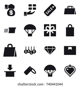 16 vector icon set : money gift, gift, sale, shopping bag, delivery, parachute, diamond, heart pendant