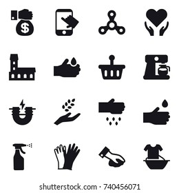 16 vector icon set : money gift, touch, spinner, mansion, coffee maker, harvest, sow, hand drop, sprayer, gloves, wiping, handle washing