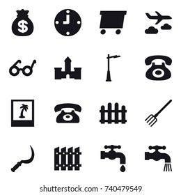 16 vector icon set : money bag, clock, delivery, journey, castle, outdoor light, photo, phone, fence, fork, sickle, water tap