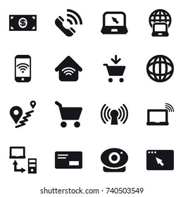 16 vector icon set : money, call, notebook, notebook globe, phone wireless, wireless home, add to cart, cart