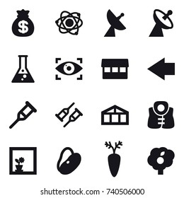 16 vector icon set : money bag, atom, satellite antenna, flask, eye identity, market, left arrow, greenhouse, life vest, flower in window, garden
