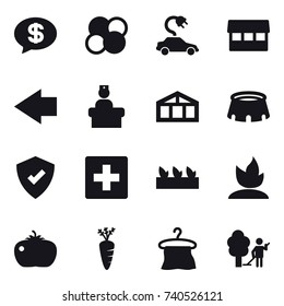 16 vector icon set : money message, atom core, electric car, market, left arrow, greenhouse, stadium, first aid, seedling, sprouting, tomato, carrot, hanger, garden cleaning