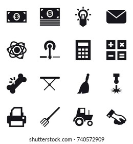 16 vector icon set : money, bulb, mail, atom, laser, calculator, iron board, broom, fork, tractor, wiping