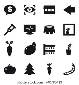 16 vector icon set : money message, eye identity, market, left arrow, stadium, flower in window, watering, seedling, tomato, spruce, carrot, peas