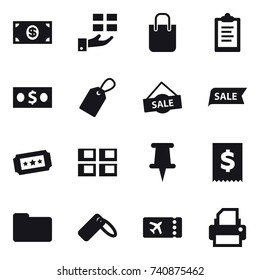 16 vector icon set : money, gift, shopping bag, clipboard, label, sale, ticket, panel house