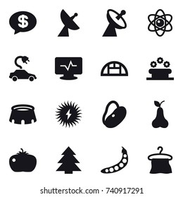 16 vector icon set : money message, satellite antenna, atom, electric car, greenhouse, flower bed, stadium, pear, tomato, spruce, peas, hanger