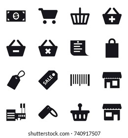 16 vector icon set : money, cart, basket, add to basket, remove from basket, delete cart, shopping list, shopping bag, label, sale label, barcode, shop, mall