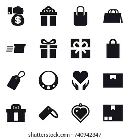 16 vector icon set : money gift, gift, shopping bag, delivery, label, necklace, heart pendant, package