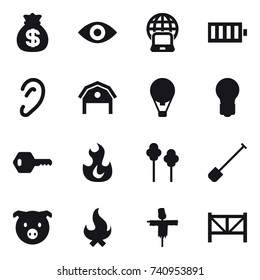 16 vector icon set : money bag, eye, notebook globe, battery, barn, air ballon, bulb, key, trees, shovel, pig, fire, scarecrow, farm fence