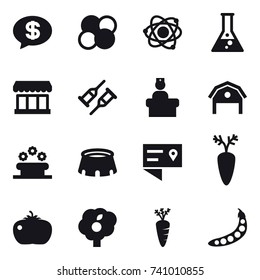 16 vector icon set : money message, atom core, atom, flask, market, barn, flower bed, stadium, tomato, garden, carrot, peas