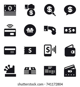 16 vector icon set : money, money gift, dollar arrow, money message, tap to pay, crypto currency, hand coin, credit card, receipt, mobile pay, wallet, cashbox