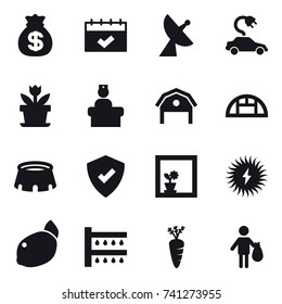 16 vector icon set : money bag, calendar, satellite antenna, electric car, flower, barn, greenhouse, stadium, flower in window, watering, carrot, trash
