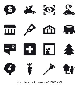 16 vector icon set : money message, eco car, eye identity, electric car, market, greenhouse, stadium, first aid, flower in window, spruce, garden, carrot, rake, garden cleaning