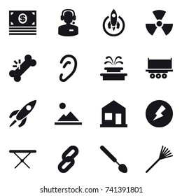 16 vector icon set : money, call center, rocket, nuclear, fountain, landscape, home, electricity, iron board, big spoon, rake