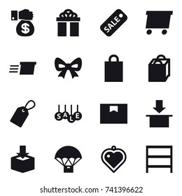 16 vector icon set : money gift, gift, sale, delivery, bow, shopping bag, label, heart pendant, rack