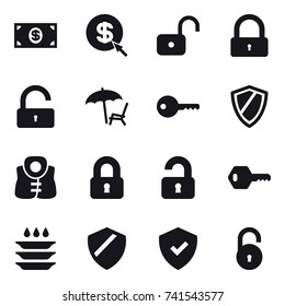16 vector icon set : money, dollar arrow, unlock, lock, lounger, key, shield, life vest, locked, unlocked, plate washing