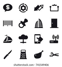16 vector icon set : money message, around gear, up down arrow, electrostatic, barcode, nipple, skyscraper, door, sail boat, knife, scissors