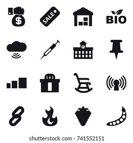 16 vector icon set : money gift, sale, warehouse, bio, cloud wireless, university, rocking chair, berry, peas