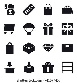 16 vector icon set : money gift, sale, shopping bag, delivery, parachute, gift, box, diamond, rack