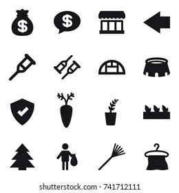 16 vector icon set : money bag, money message, market, left arrow, greenhouse, stadium, seedling, spruce, trash, rake, hanger