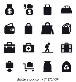 16 vector icon set : money bag, money gift, shopping bag, wallet, tourist, suitcase, baggage get, baggage trolley, garbage bag
