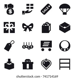 16 vector icon set : money gift, gift, sale, parachute, bow, shopping bag, box, label, delivery, necklace, heart pendant, rack