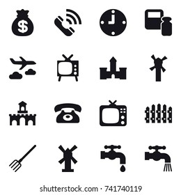 16 vector icon set : money bag, call, clock, scales weight, journey, tv, castle, windmill, fort, phone, fence, fork, water tap