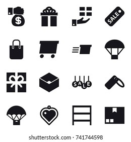16 vector icon set : money gift, gift, sale, shopping bag, delivery, parachute, box, heart pendant, rack, package