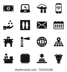 16 vector icon set : money, notebook, factory filter, phone wireless, chamical industry, wc, mail, calendar, arch, lighthouse, cow