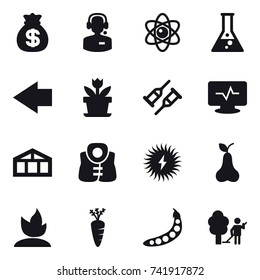 16 vector icon set : money bag, call center, atom, flask, left arrow, flower, greenhouse, life vest, pear, sprouting, carrot, peas, garden cleaning