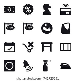 16 vector icon set : money, percent, chess horse, tap to pay, store signboard, shop signboard, stool, window, ring button, bell, sprayer, iron