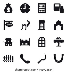 16 vector icon set : money bag, clock, abacus, scales weight, shop signboard, greate wall, building, minaret, japanese house, gothic architecture, arch window, restaurant, fence, sickle, horseshoe