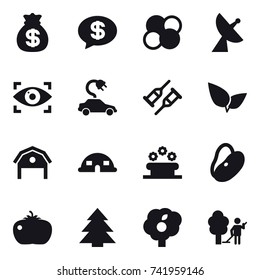 16 vector icon set : money bag, money message, atom core, satellite antenna, eye identity, electric car, barn, dome house, flower bed, tomato, spruce, garden, garden cleaning