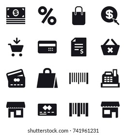 16 vector icon set : money, percent, shopping bag, dollar arrow, add to cart, credit card, account balance, delete cart, barcode, cashbox, shop